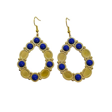 earrings steel gold oval with blue stone